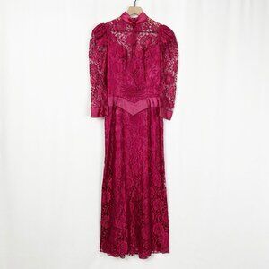 Vintage Union Made 80s Lace Puff Poof Sleeve Satin Maxi Dress Princess Victorian